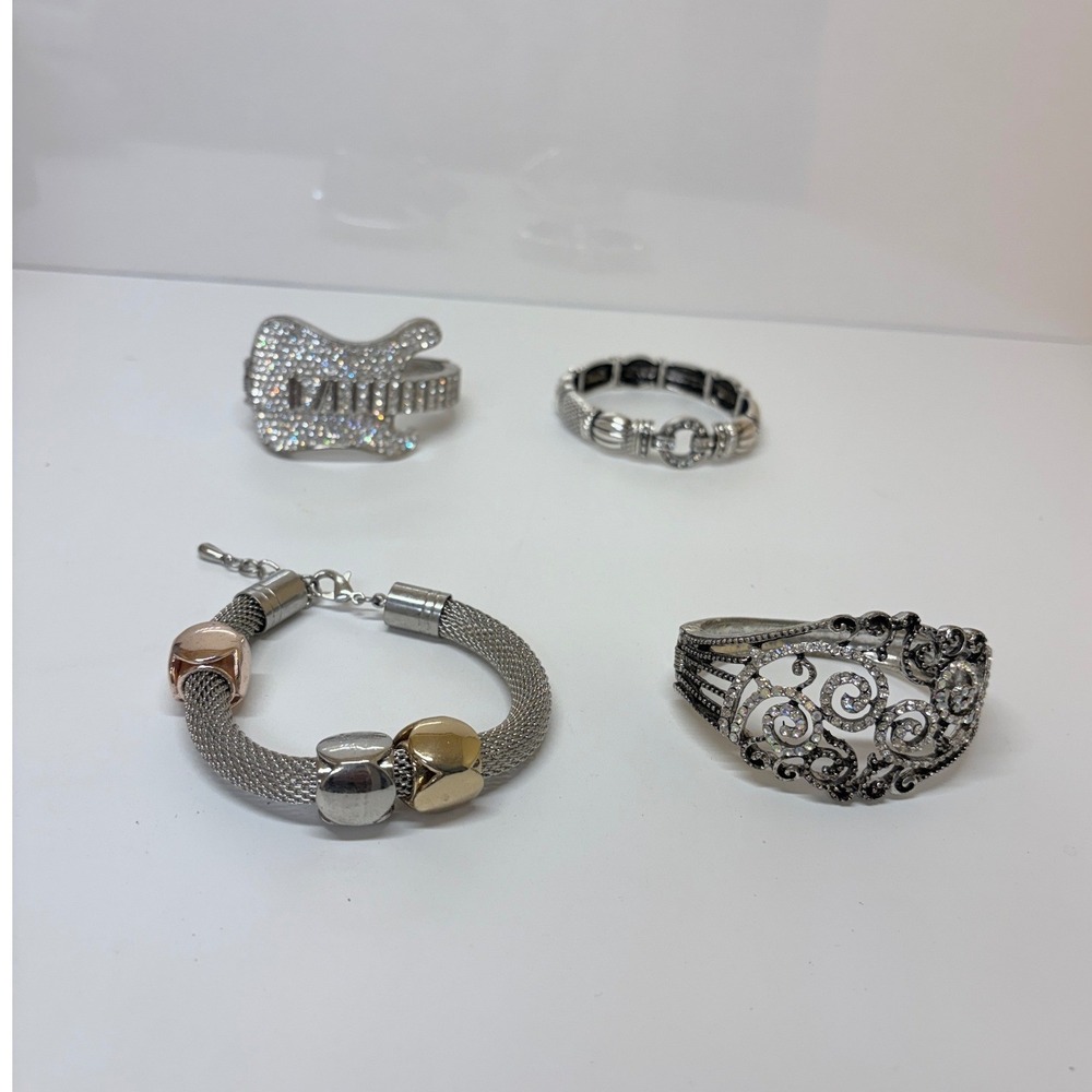 Mixed Statement Bracelet Lot Rhinestone Guitar Filigree Cuff Mesh Stretch 4pc